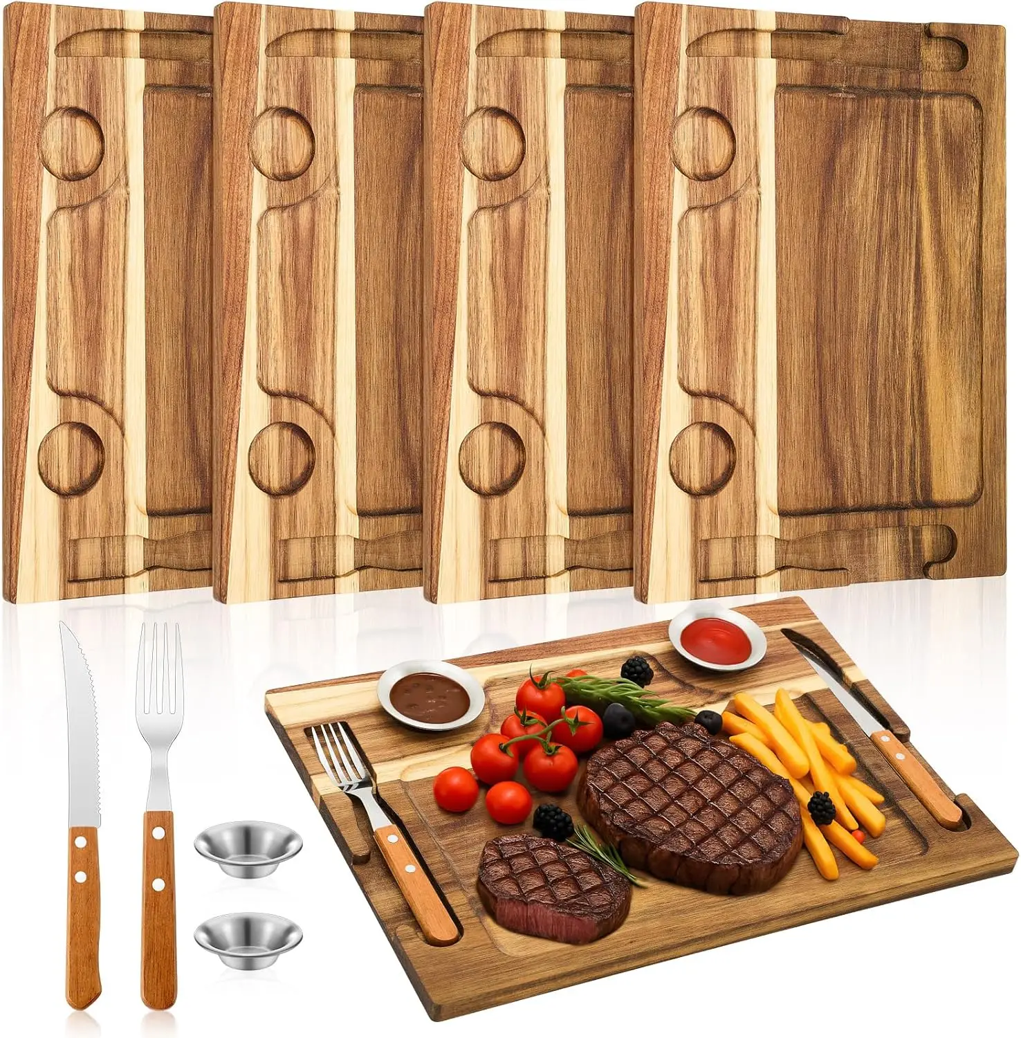 

4 Set Acacia Wooden Steak Board Steak Plate Cutting Board with Fork, Knife and Sauce Cups 15.7 Inches Wood Serving Tray