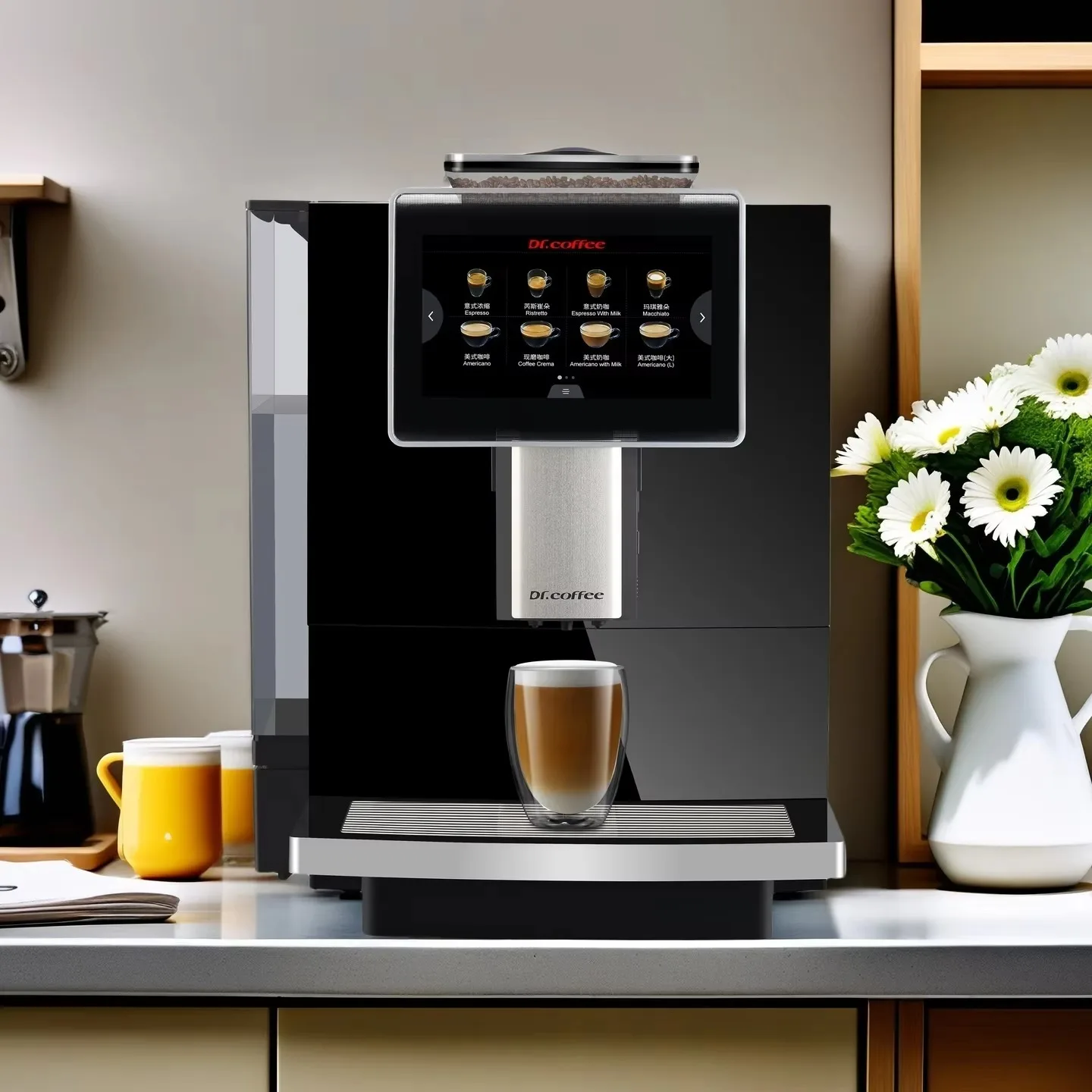 Touch Screen Fully Automatic Bean to Cup Espresso Machine with Grinder Self-Cleaning