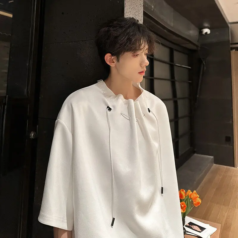Men's Summer T-shirt Drawstring Shoulder Pad Short Sleeve Loose Fit Fashion Urban Style Breathable Polyester round Neck Top