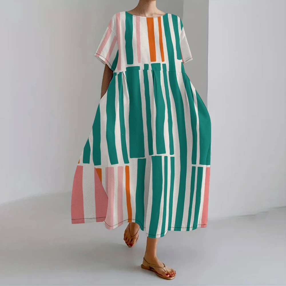 

Green-White Striped Dress With Orange-Pink Accents Womens Striped Elegance Skirt Causal Stylish Party Favor Wear Vacation Outfit