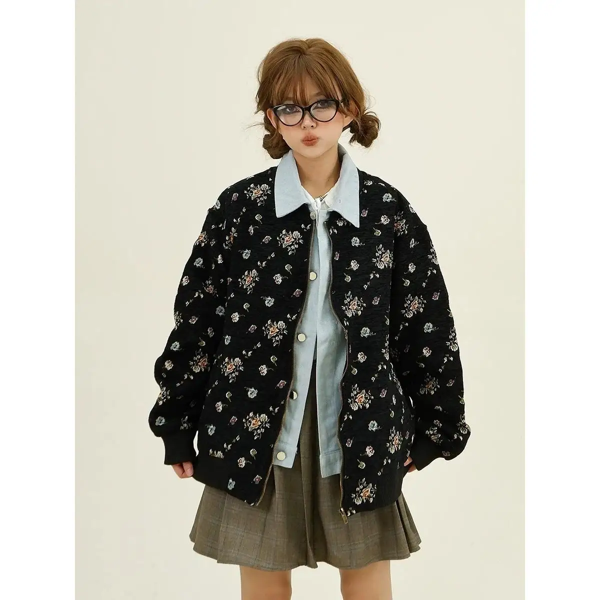 

New Chinese Sle Bla Floral Jaet Women's Spring 2025 Design Couple's Baseball orm Stand Fit Polyester Fiber