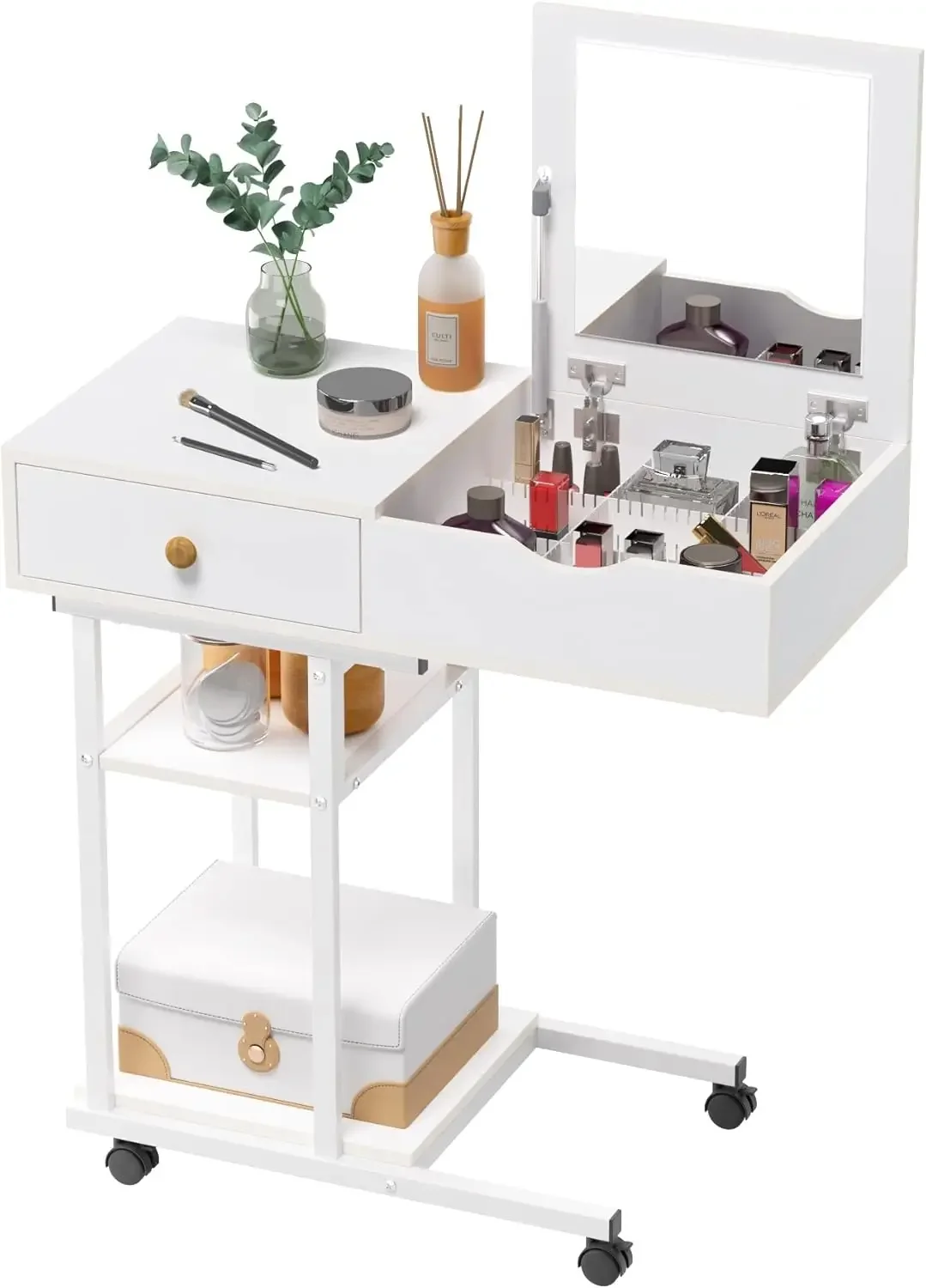 

Moveable Vanity Desk with Mirror for Small Spaces, Makeup Dressing Table Computer Desk with Drawers and Shelves for Bedroom