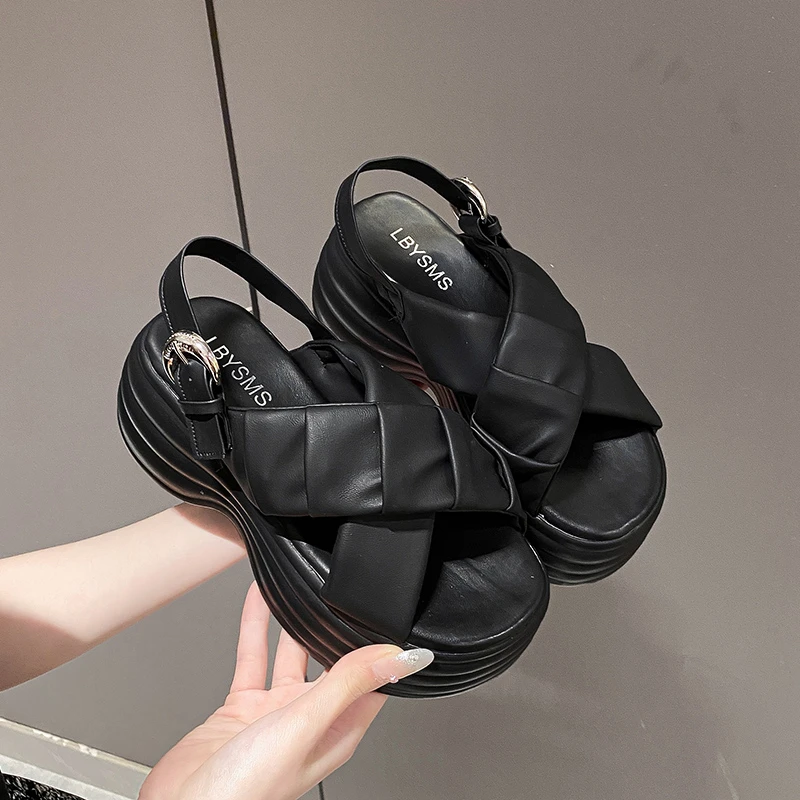 New Broadband Crossover Platform  Sandals for Women's 2024 Sunmer Buckle Belt Matsuke Sole Casual Beach Shoes Comfort Sandales