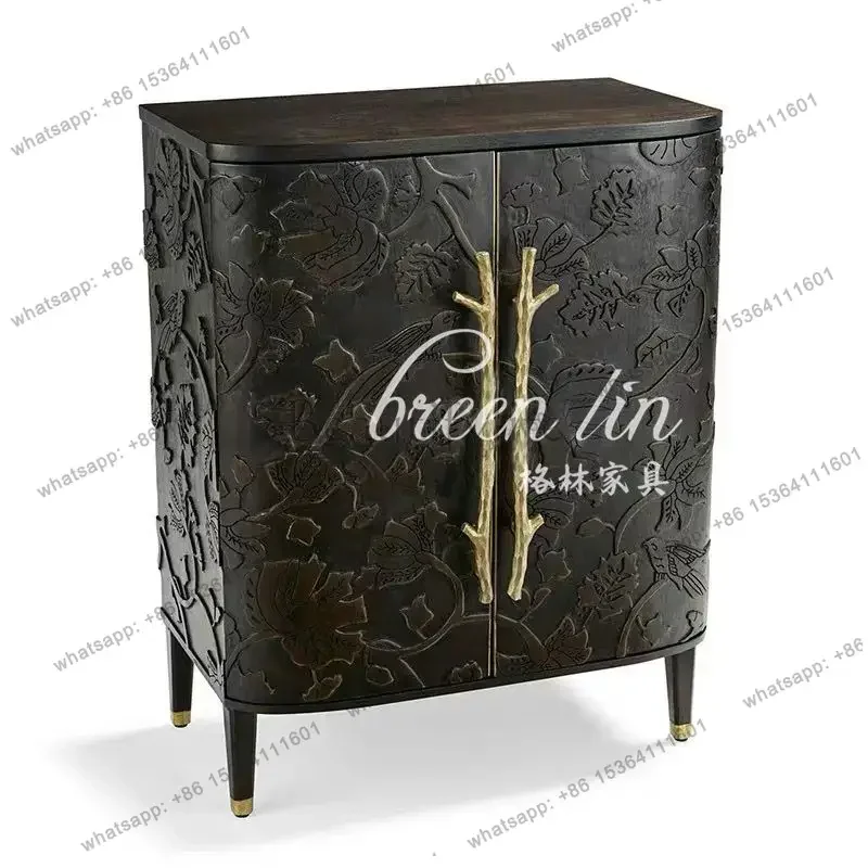 YJ French retro solid wood wine cabinet villa curved dining side storage neoclassical decorative entrance shoe cabinet