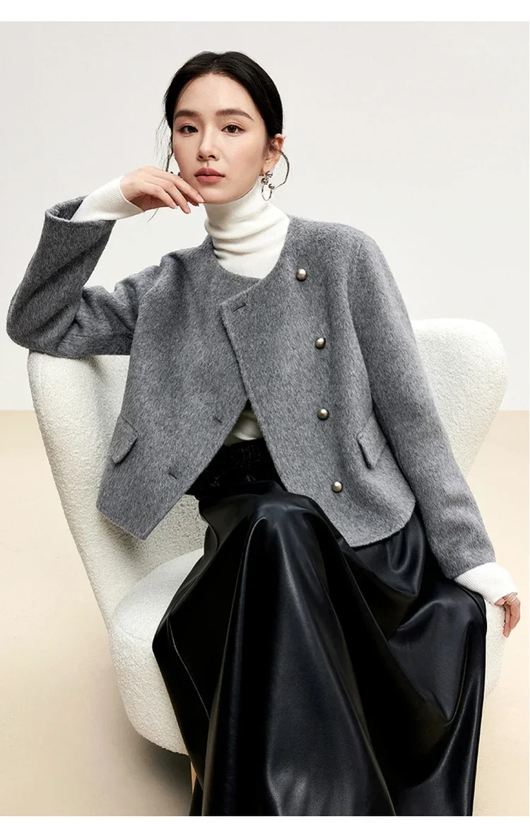 SENTUBILA Elegant Short Wool Coat Women 2024 Winter Fashion Crew Neck Irregular Single Breasted Female Warm Overcoat W44O56008