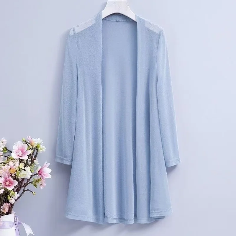 2025 Cardigan maglione lungo casual da donna coreano con protezione solare, morbido, confortevole, semplice, solido, formato libero, cardigan sottile allentato