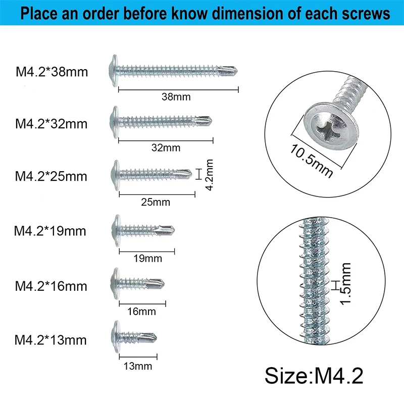 #8 M4.2 50Pcs SUS410 Stainless Washer Screws Self-tapping Flat Head Screw Fastener High-Strength Quick Self-Drilling Hardware