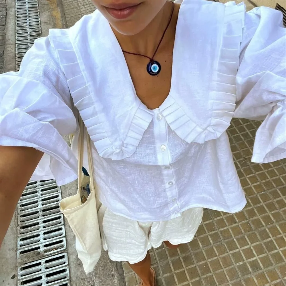 PB&ZA 2024 Spring New Women\'s Style Casual Versatile Ruffle Edge Cotton Linen Shirt Shorts Two Piece Set