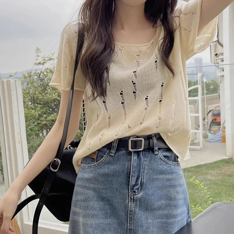 Summer French Hollow Out Short Sleeve Women O Neck T Shirts Fashion Sweet Casual Oversized Knitted Crop Tops Black White Apricot