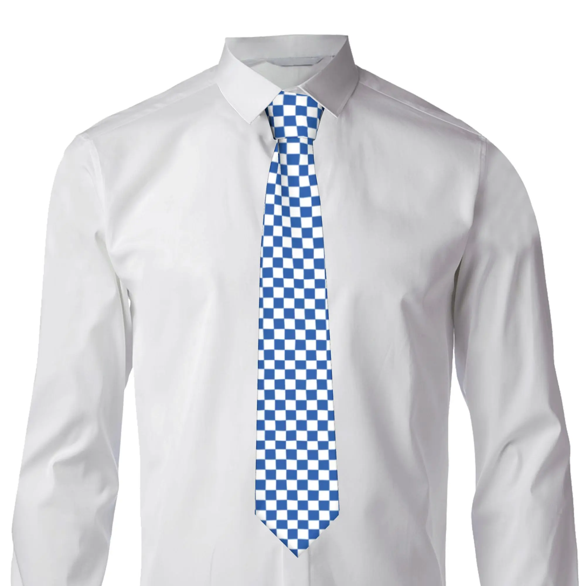 Custom Blue and White Checkboard Squares Pattern Tie Men Printed Necktie  For Wedding Party Mens Silk Tie