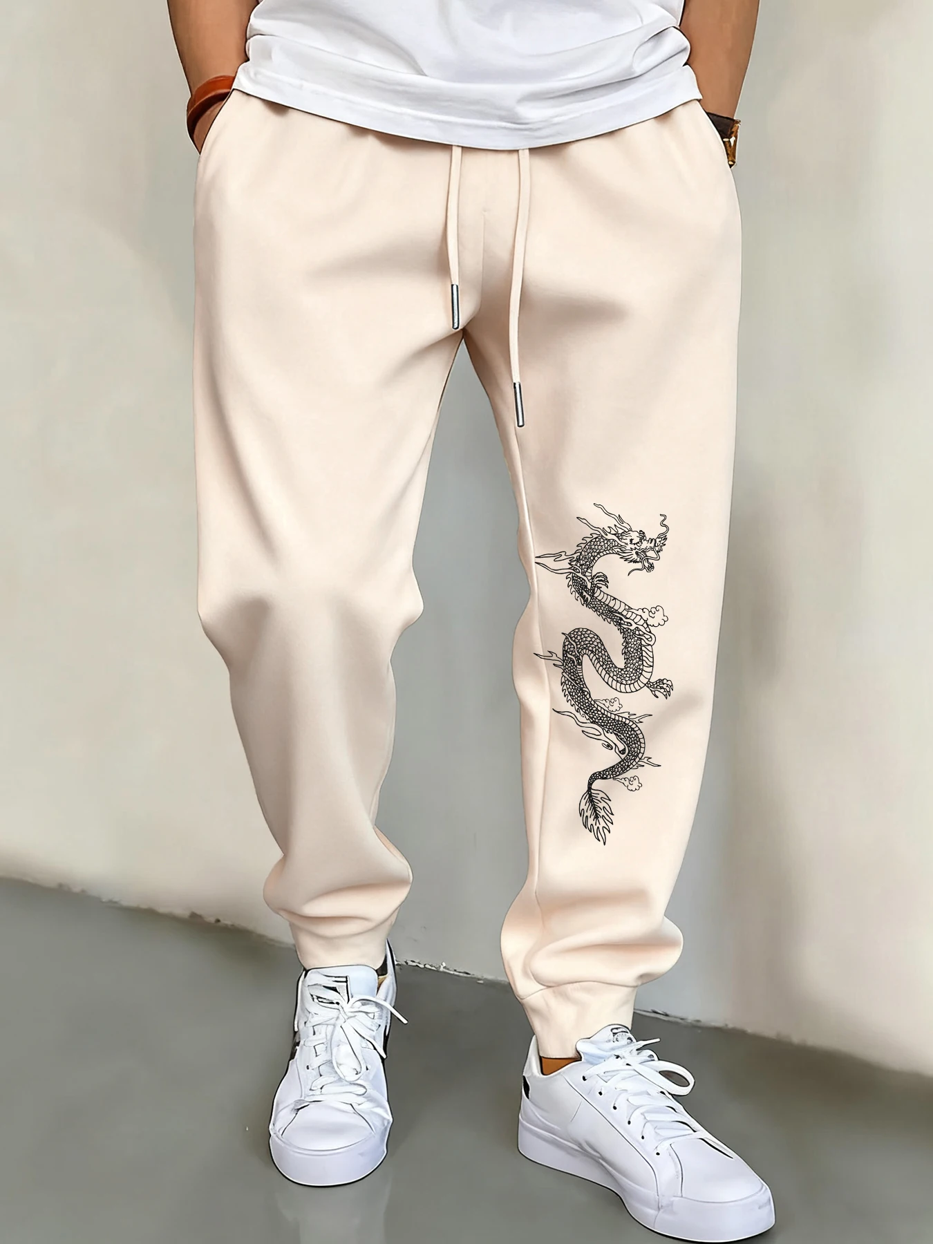 

The Huge Eastern Dragon Printed Men'S Elastic Waist Pants Basics Pocket Long Pant Fashion Casual Unisex Vintage Sweatpants