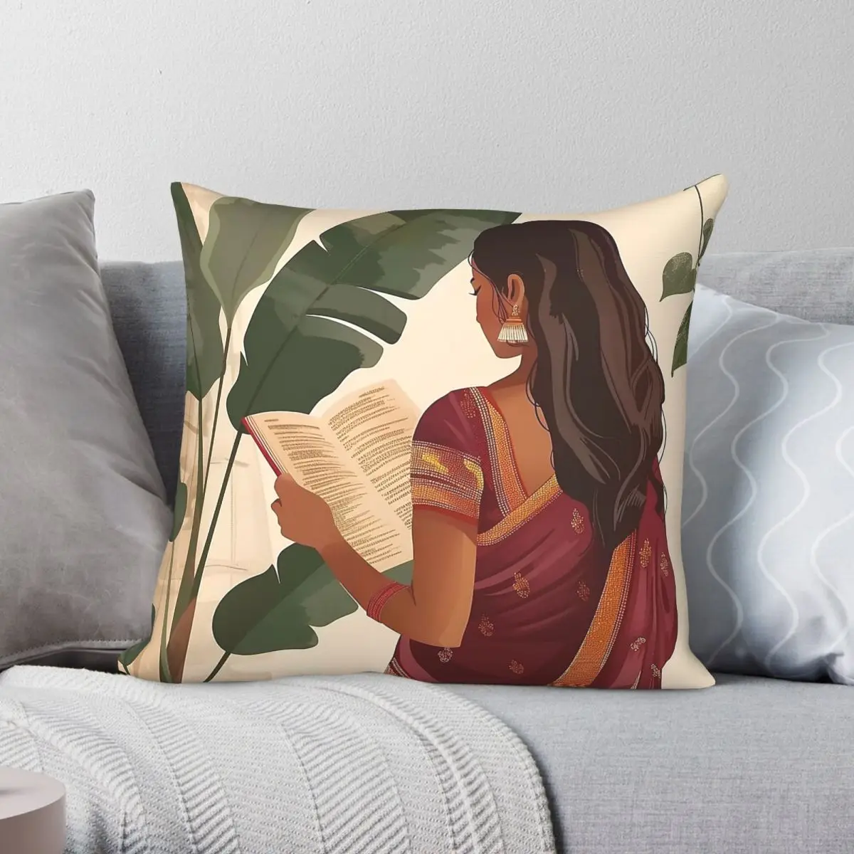 Indian Woman In Saree Reading Square Pillowcase Polyester Linen Velvet Printed Zip Decor Sofa Seater Cushion Cover 18"