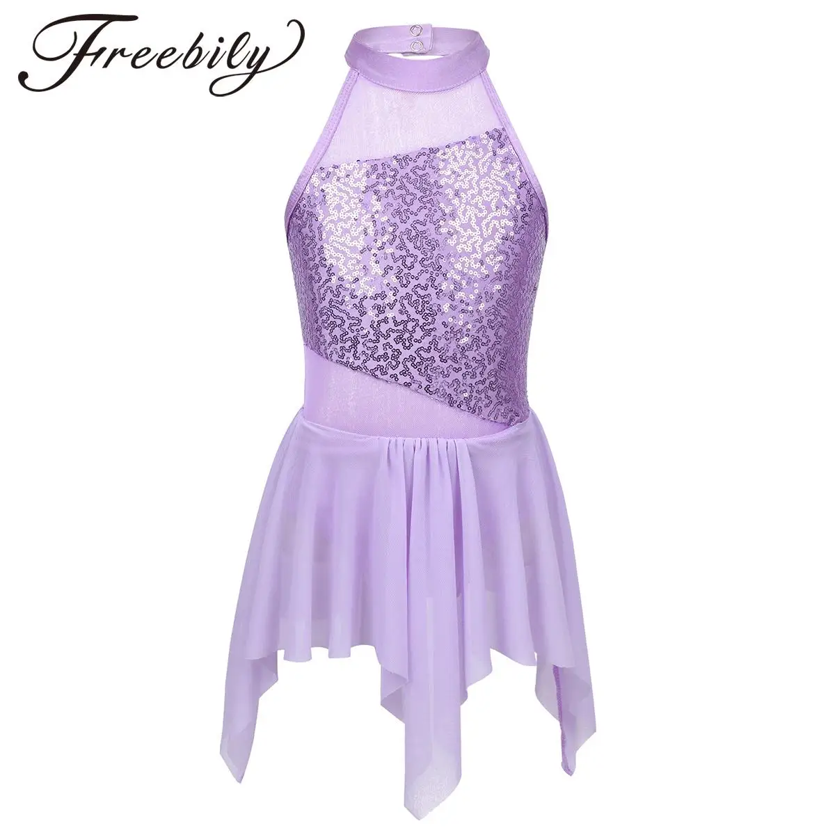 Kids Girls Halter Ballet Dress Gymnastics Leotard Shiny Sequins Figure Skating Dress Lyrical Modern Contemporary Dance Costumes