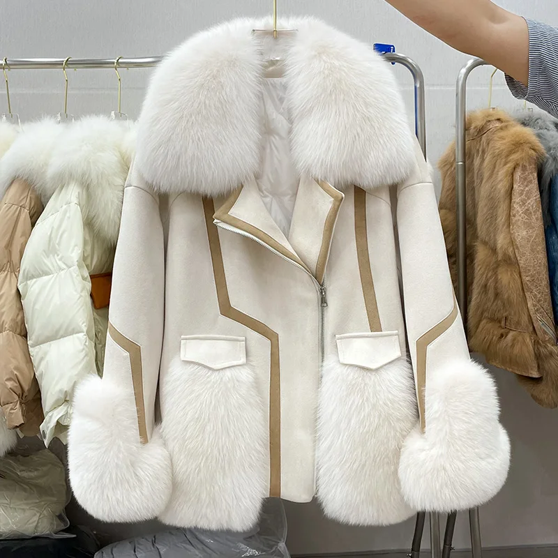 2024 New Real fur,Warm Suede Leather White Duck Down Coat For Women Luxury Real Fox Fur And Leather One Pieces Jacket Female Win