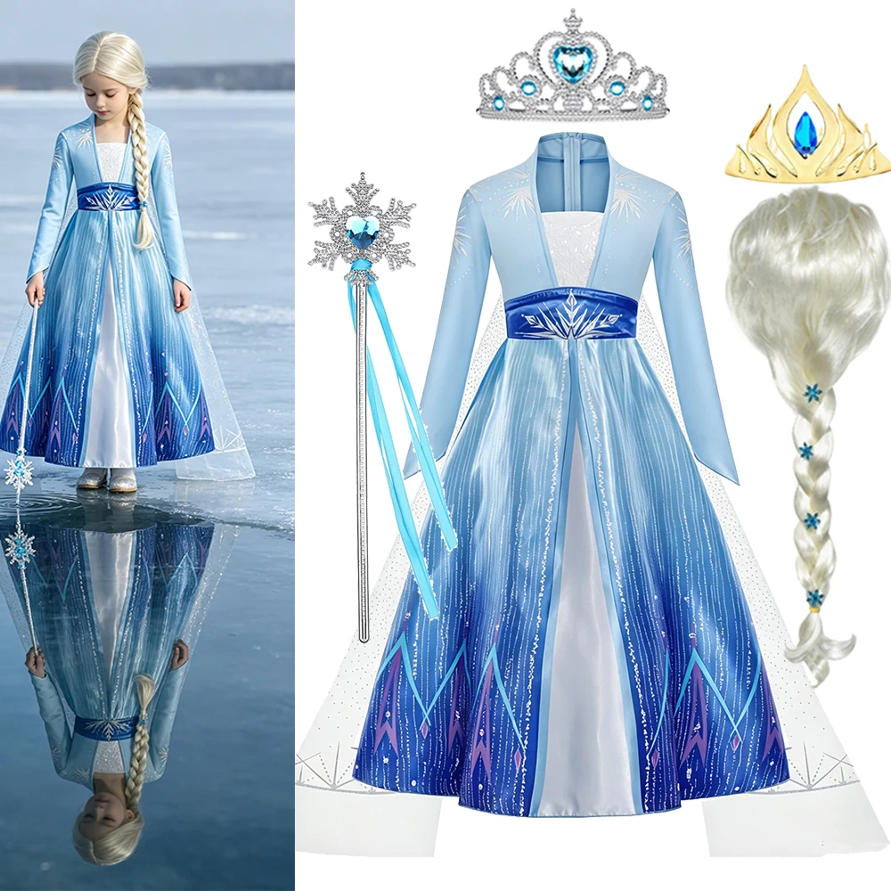 Elsa Dresses for Girls with Crown Gloves Necklace for Kids Party Halloween Cosplay Costume Set