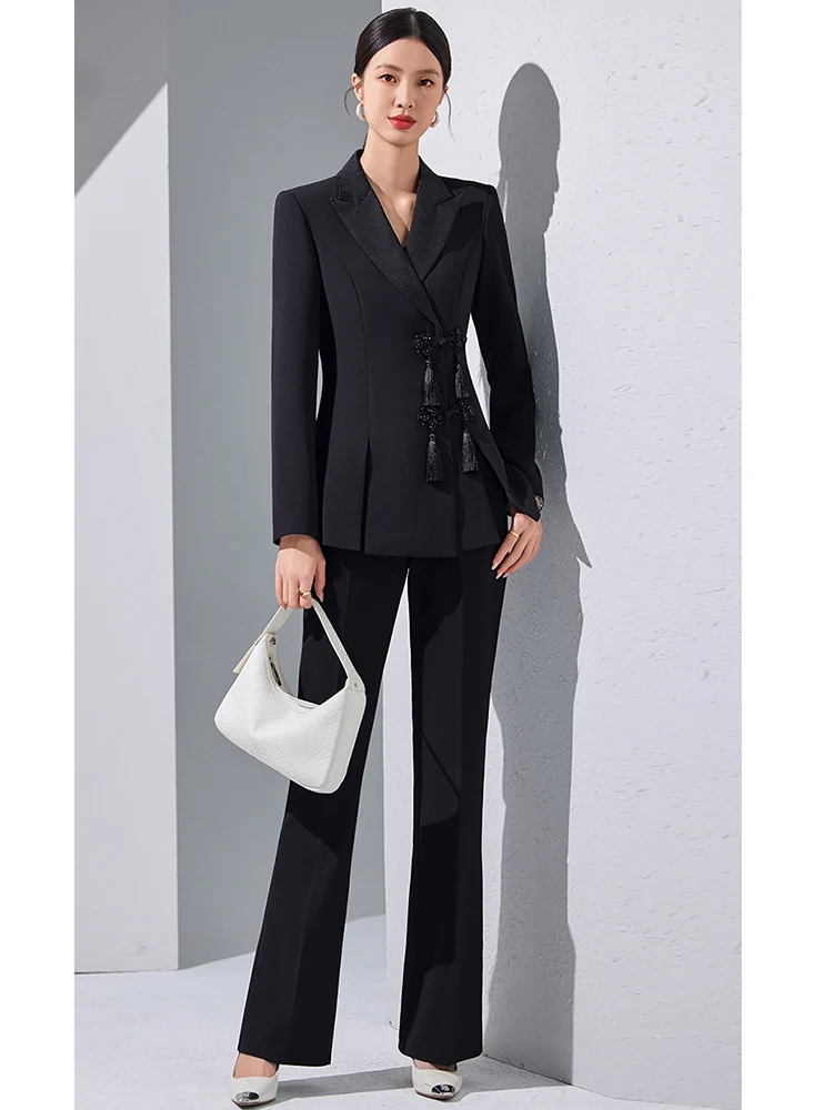 ZJYT Chinese Style Women Jacket Pant Sets Two Piece Elegant White Black Outfit Business Formal Blazer Suits Trousers Office Lady