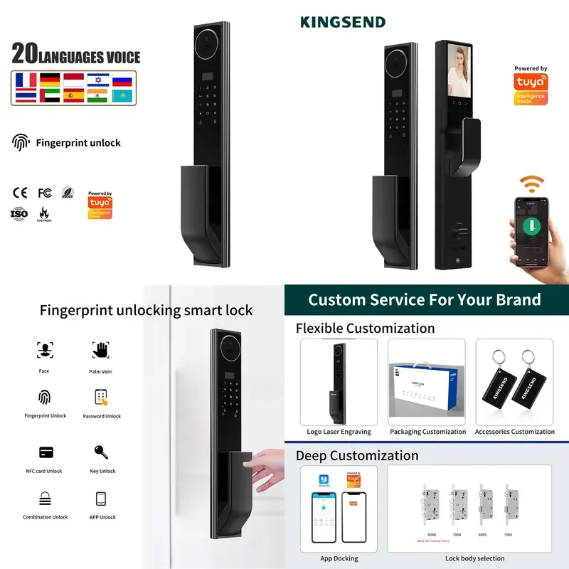 20 Language Settings High Quality 3D Face Recognition Smart Door Front Door with Camera Night Vision Digital