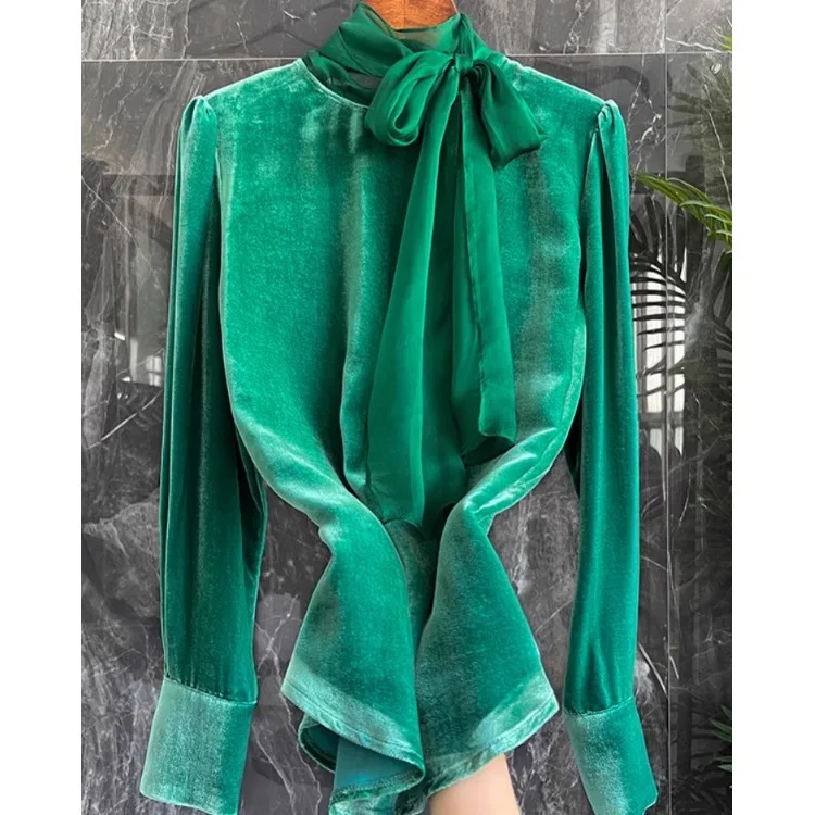 

Ele Long Silk Velvet irt with Sa for Women Casual Sle Loose Fit Pure Color Polyester Fiber Netie Design