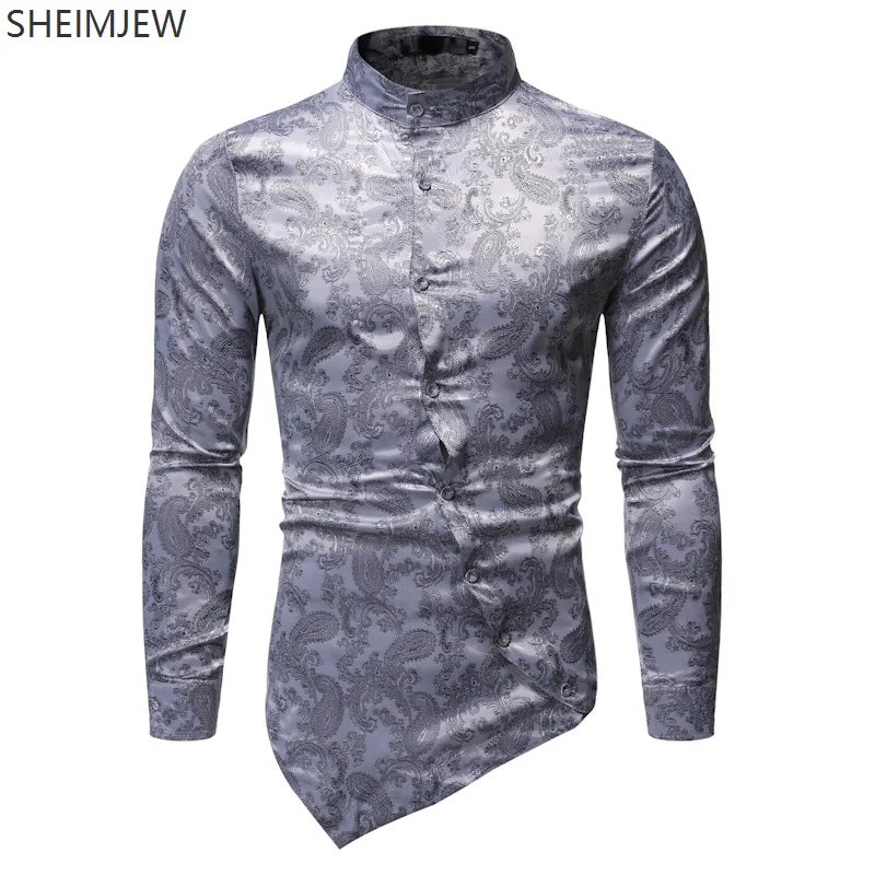 Chinese side button shirt slim fit floral print fashion casual men's stand collar business top irregular hot flower long sleeve