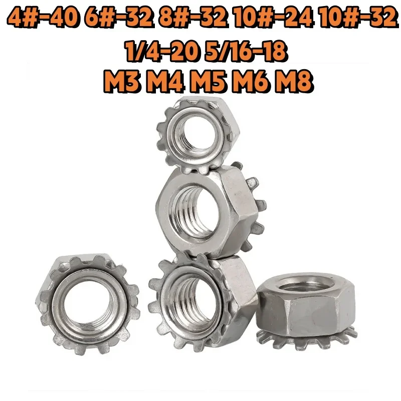 K-type Lock Nut 4#-40 6#-32 8#-32 10#-24 10#-32 1/4-20 5/16-18 M3 M4 M5 M6 M8 304 Stainless Steel Hex K Nut Gear Nut UNC/metric