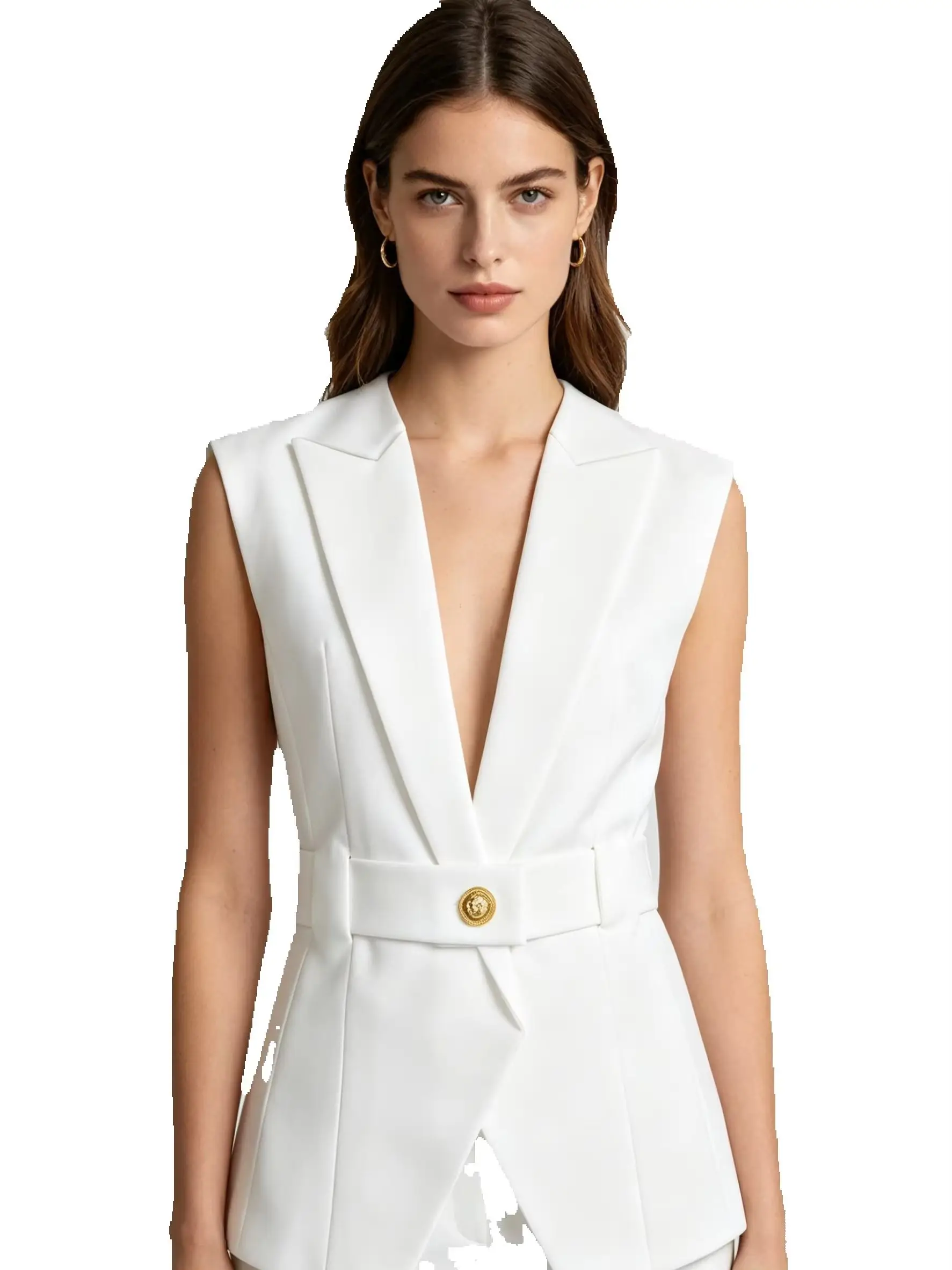 

S-XL Four Colors High Quality Fashion Solid Sleeveless Lapel Waistband Fits Well with Commuter Style Women's Vest