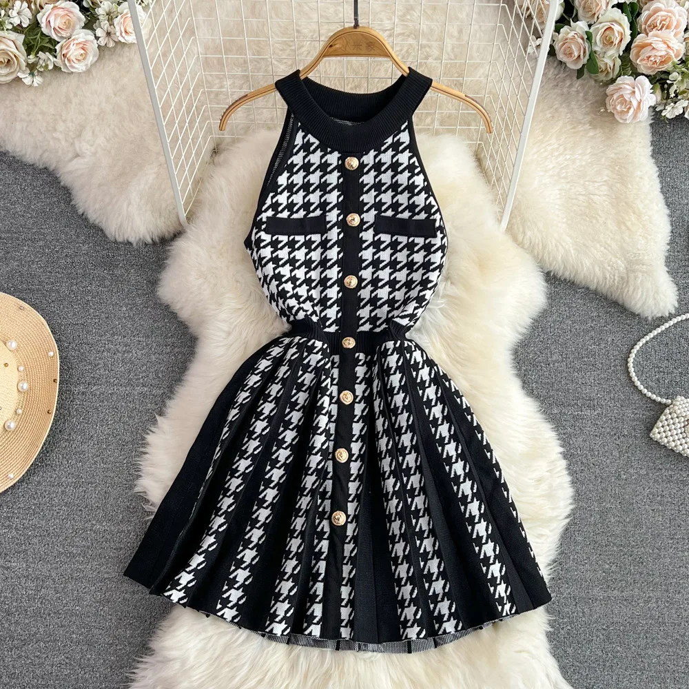 

Mini Dress Women Knitted Dresses A Line Vestidos Streetwear High Waist Sleeveless Elegant Y2k Temperament Slim Fit Party Club