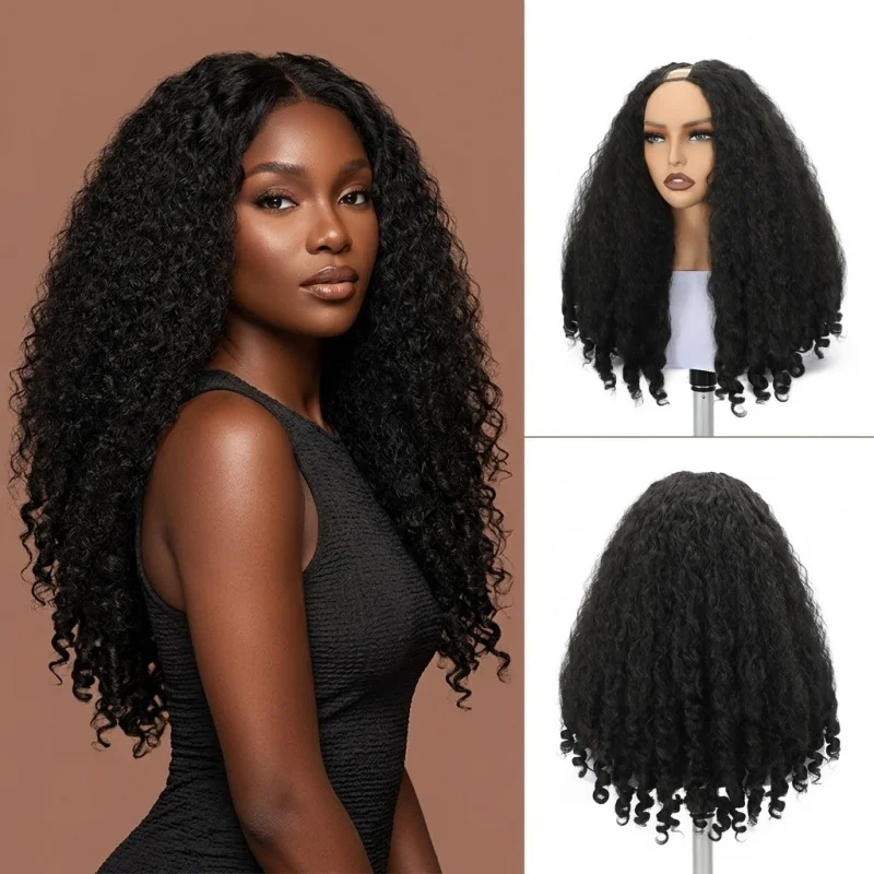 

24 Inch Jet Black Kinky Curly U Part Wig Synthetic Hair, Glueless Half Wig Natural Fluffy Curls Heat Resistant Wigs