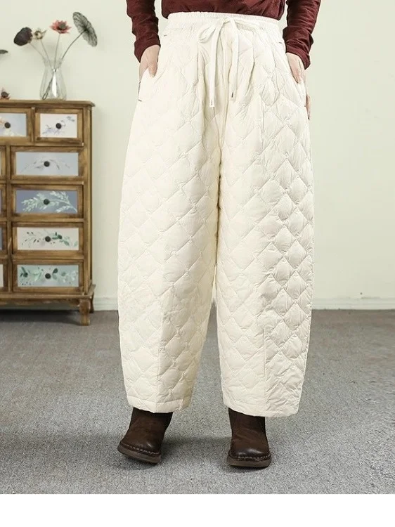 بنطلون قطني مبطن خفيف الوزن بحزام ريترو سروال هارلان عالي الخصر مطاطي دافئ كاجوال فضفاض مناسب لمنتصف العمر...