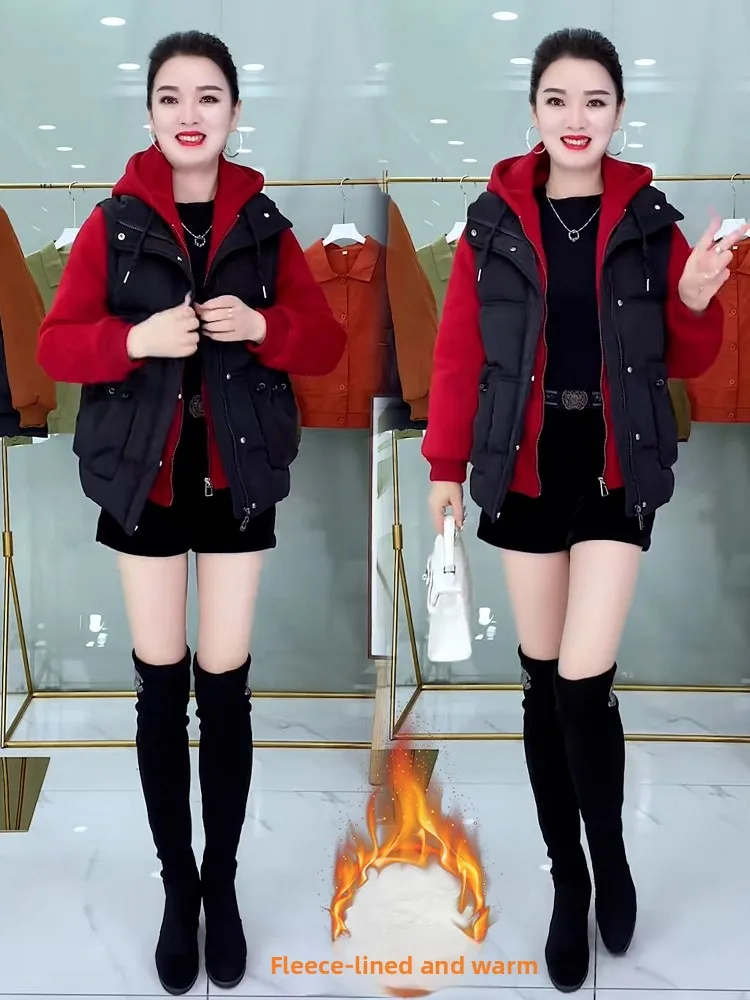 Thickened Fleece Casual Hooded down Cotton Jacket Women's Loose Warm Outerwear Fashionable Two-Piece Style Winter New Arrival