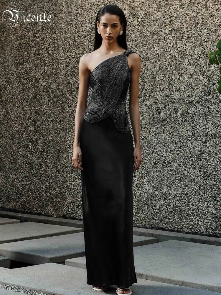 VC 2026 Luxury Black & Silver One-Shoulder Maxi Skirt Set Ruched Metallic Top & Satin Skirt Evening Two-Piece Set