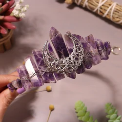 Natural Amethyst Tiara Retro Moon Crown for Women Purple Crystal Headwear Wizard Hair Accessories Fashion Jewelry Party Headband