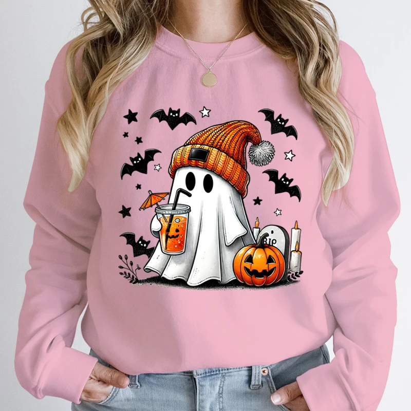 New Women\'s Sweatshirt Halloween Ghost Pumpkin Bat Print Round Neck Pullovers Ladies Autumn Winter Casual Halloween Sweatshirt