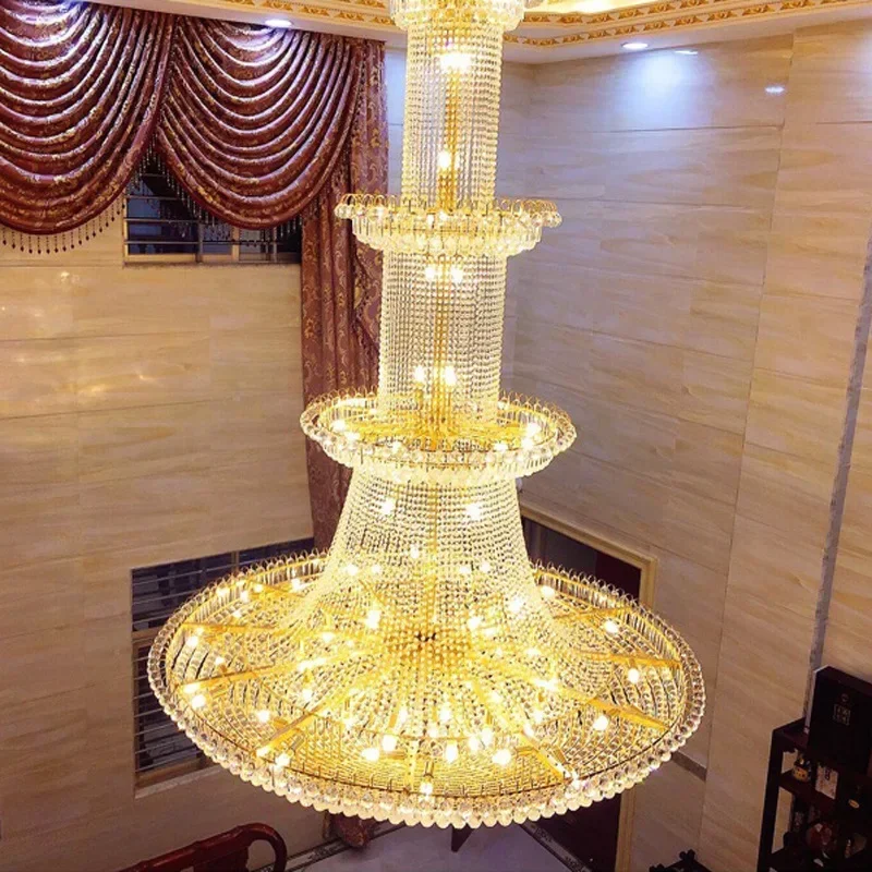 

building Double living room crystal light led European chandelier staircase chandelier villa middle Building Hotel Golden lamps