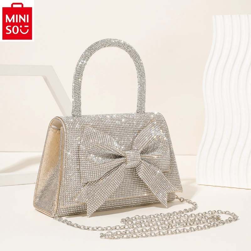 

MINISO Disney Luxury Brand Princess Full Diamond Bow Sweet Chain Handbag Women's Fashion Shining Storage Dinner Bag