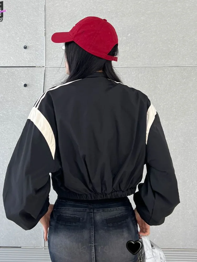 HOUZHOU-gabardina corta para mujer, abrigo de cintura alta, estilo Retro americano, de marca Tide, Y2K, para motocicleta, viento rojo, Béisbol de calle alta