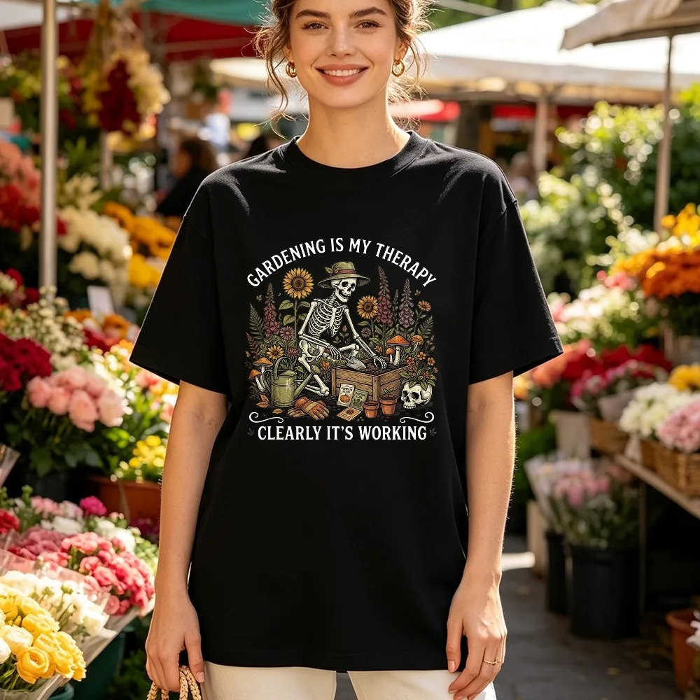 Gardening Is My Therapy T-Shirt Skeleton Gardener Tees Gothic Garden Shirt Botanical Halloween Shirt Gift Funny Plant Lover Tops
