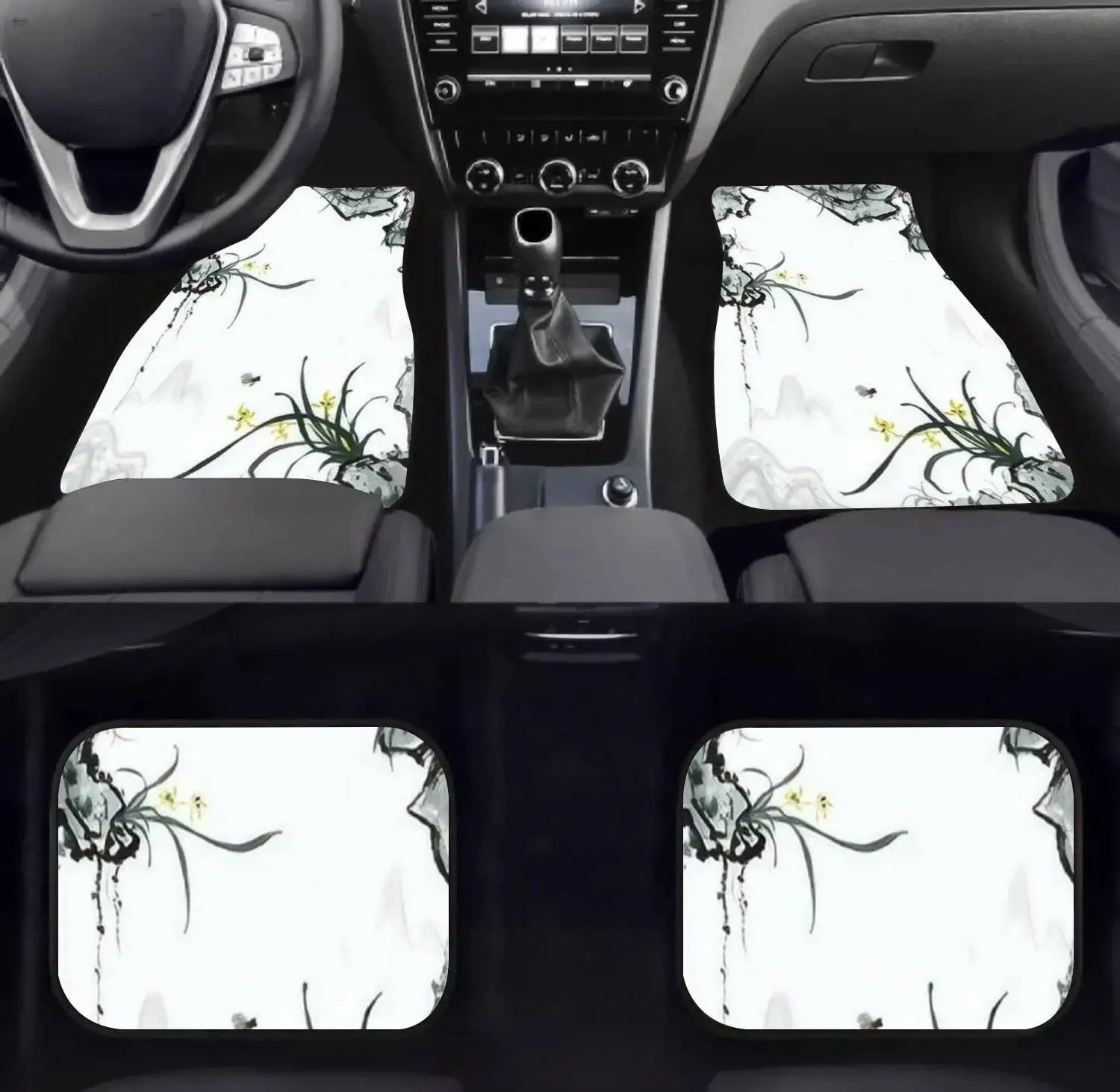 Car Floor Mats - Elegant Stone Orchid Ink Decorative Painting Carpet Floor Mats for Cars, Anti Slip Rubber Auto Interior Decor