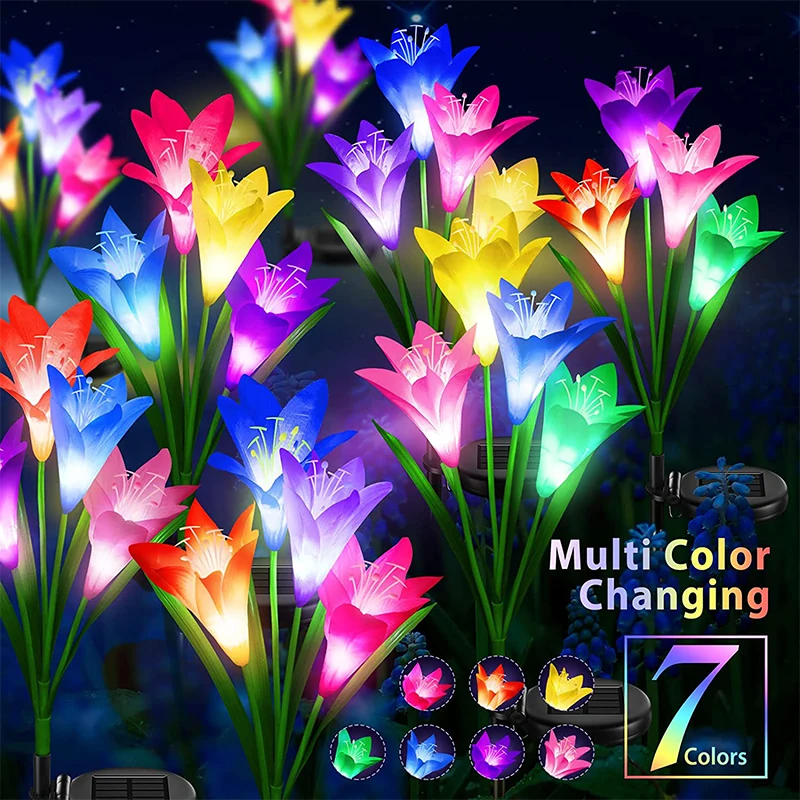 Solar Outdoor Flower LED Lights Garden Decor Lily Flower Lamp 7 Color Changing Waterproof Solar Lights