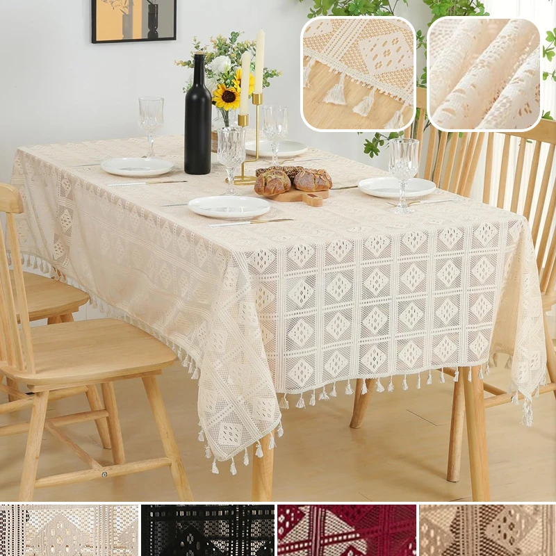 Black Large Lace Tablecloth Retro Hollow Crochet Rectangle Design with Tassel for Elegant Home Wedding Party Piano Table Decor