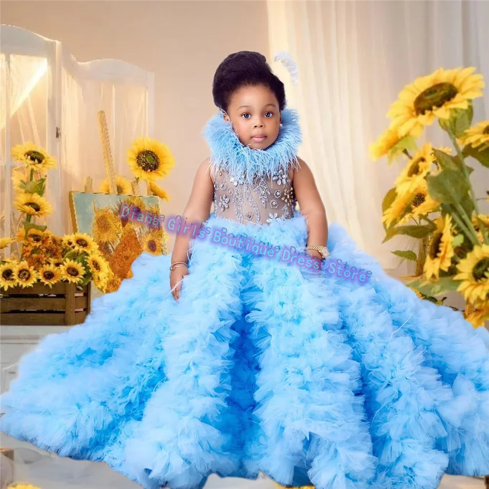 

Великолепное небесно-голубое платье с цветочным узором для маленьких девочек, тюлевое пышное платье с аппликацией для свадебного бала, детские вечерние платья на день рождения