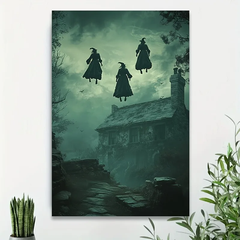 

Witches and Haunted House Canvas Art Unframed, Classic Gothic Style Mystical Night Sky with Flying Witches, Witchy Home Decor