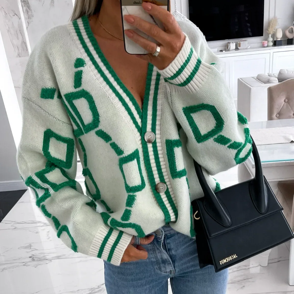 Women Knit Coat Print V Neck Casual Spliced Cardigan Sweaters Single Breasted Coats Thick Warm Jumpers Autumn Winter