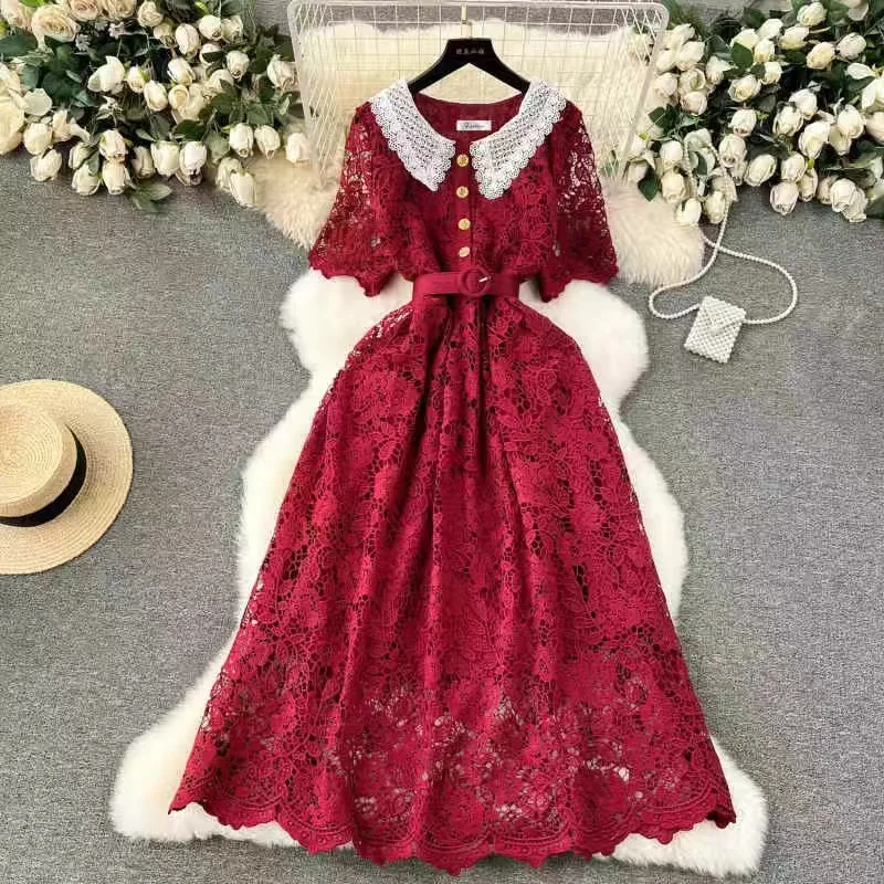 Summer Women Sweet Hook Flower Hollow Vintage Long Dress Elegant Round Neck Single Breasted A-Line Party Maxi Vestidos Robe New