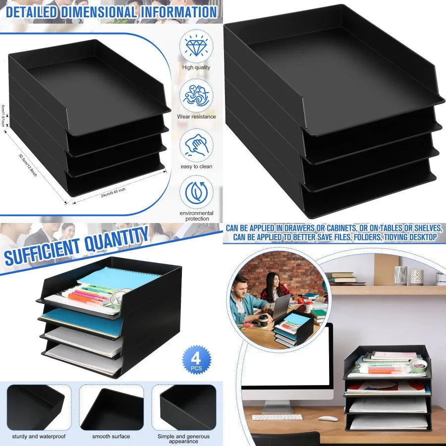 Bandejas de papel plásticas retangulares empilháveis, 4 unidades, para organização de mesa de escritório e sala de aula, solução ideal de armazenamento de arquivos de documentos