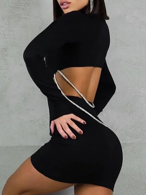 Z metalowym łańcuszkiem z tyłu Hollow Out Slim Bodycon Dress Women Long Sleeved High Collar Skinny Mini Evening Dress Club Party Vestidos