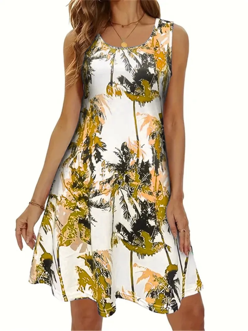 Plants And Flower Buds Pattern Women Mini Dresses Summer Sleeveless O-Neck Beach Casual A-Line Dress 3d Print Street Dress