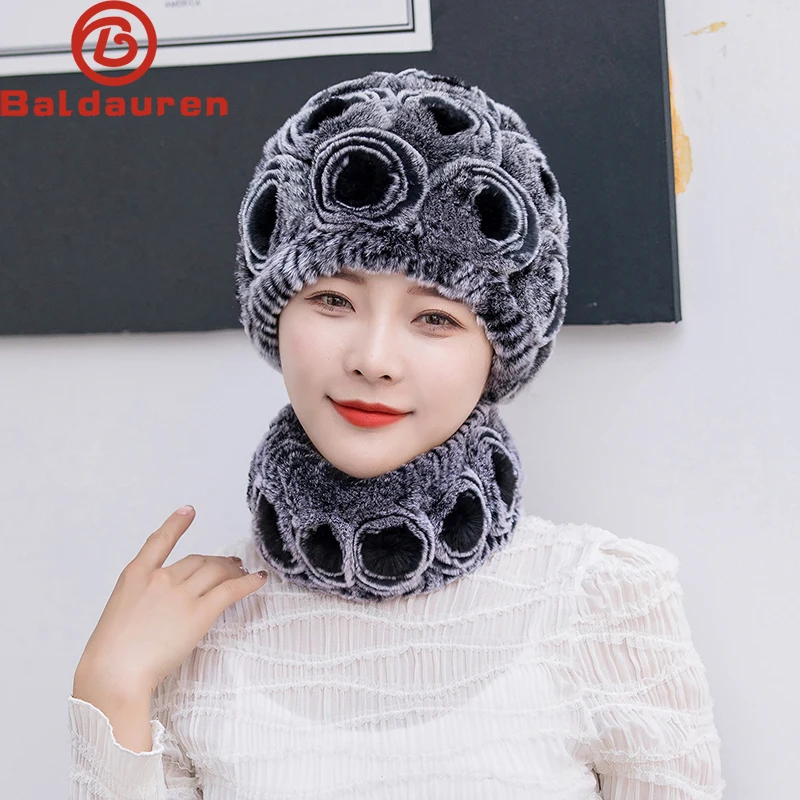 

Winter Knitted 100% Natural Fur Hats Scarves Sets Women Warm Real Rex Rabbit Fur Hat Scarf Lady Fashiom Thick Rex Rabbit Fur Hat