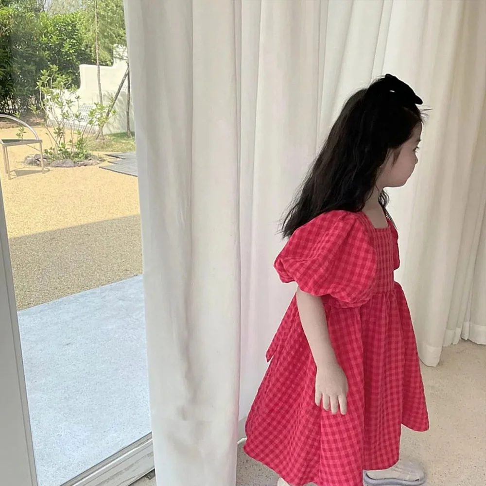 Summer Rose Pink Plaid Bow Dress Elegant Lolita Child Girls Dress Children Dresses Teens Party Princess Sundress Kids Clothes