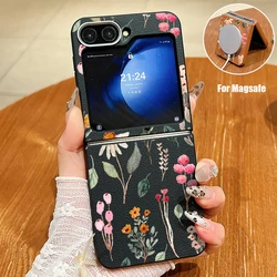 Foral Pattern Case For Magsafe For Samsung Galaxy Z Flip7 Flip6 Flip5 Flip 7 6 5 4 3 5G Leather Texture TPU Folding Soft Cover