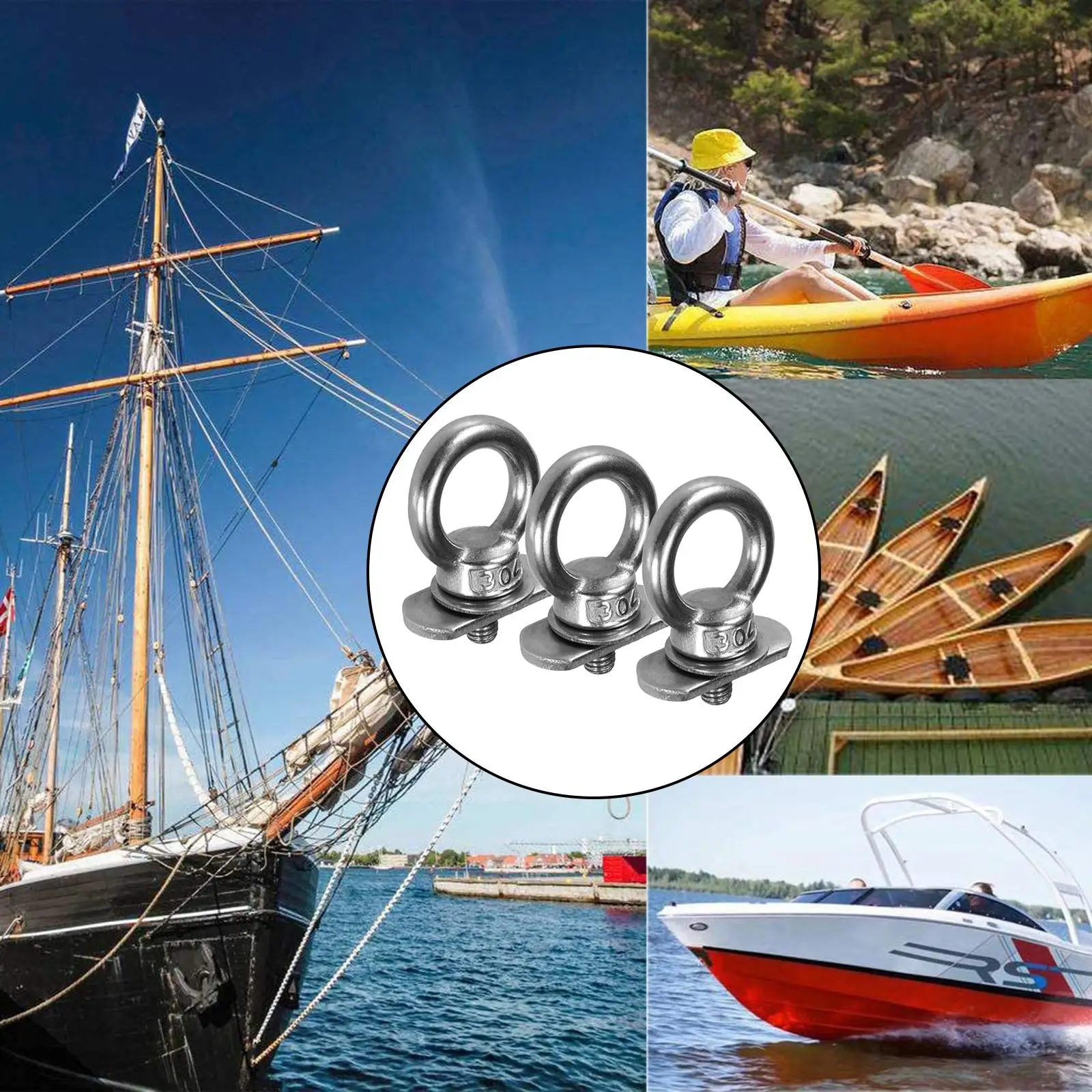 3x Kayak Rail Track Mount Tie Down Eyelet Accessories Quick Release O Ring Track Rail Adapter for Fishing Boat Bungee Cord Rope